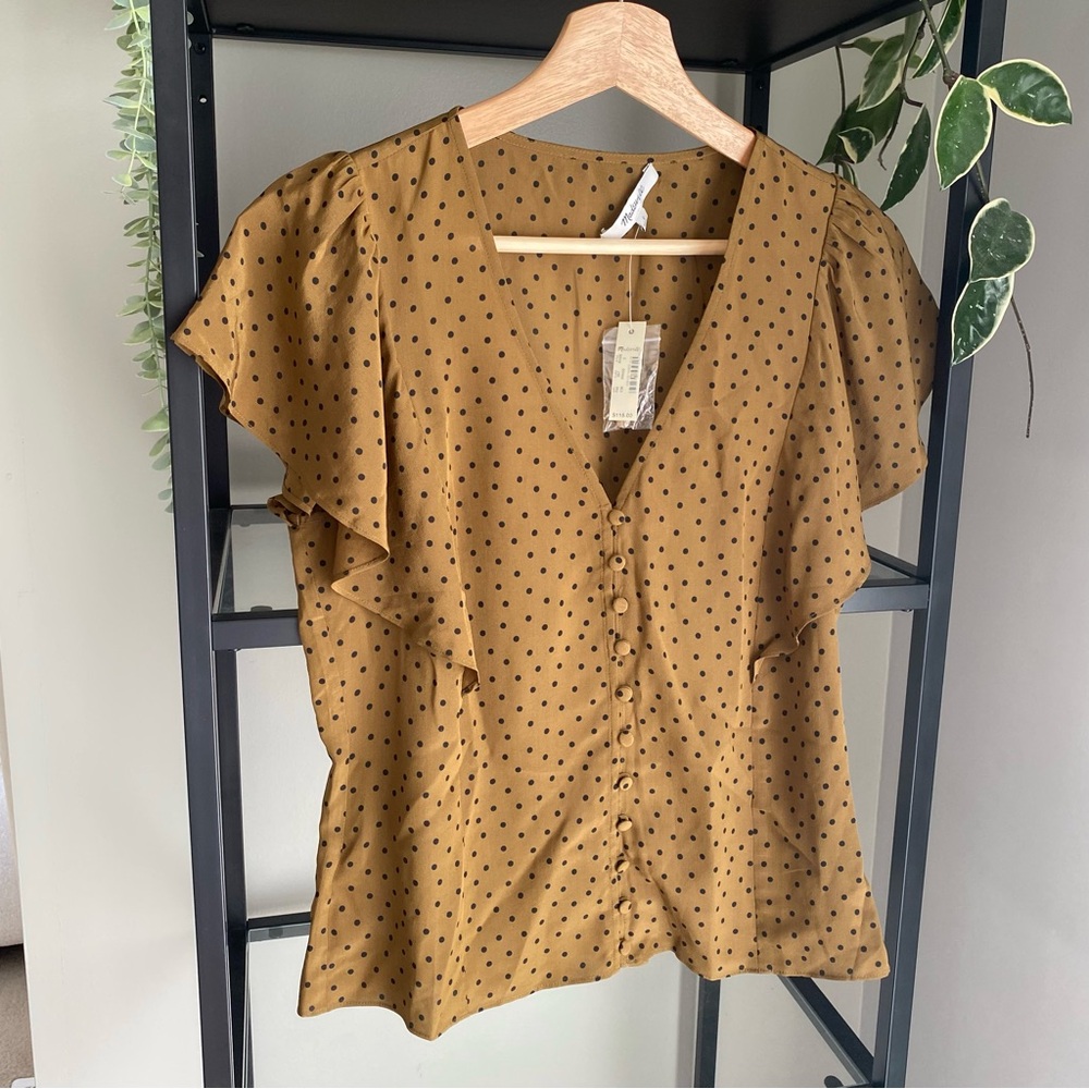 NWT Madewell Flutter Sleeve Silk Top in Polka Dot